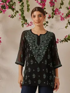 ADA Women Black & Green Ethnic Motifs Chikankari Pure Georgette Sustainable Kurti With Slip