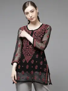 ADA Women Black & Coral Pink Ethnic Motifs Chikankari Pure Georgette Sustainable Kurti With Slip