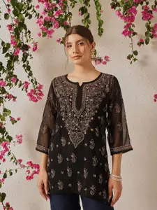 ADA Black Sustainable Chikankari Embroidered Pure Georgette Sheer Kurti with Inner