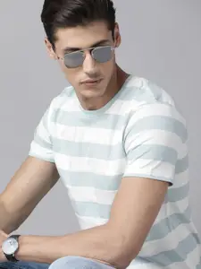 Roadster Men Blue & White Pure Cotton Striped T-shirt