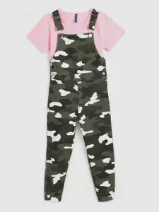YK Girls Olive Green & White Camouflage Print Cotton Jogger Dungarees with T-shirt