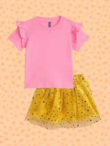 YK Girls Pink & Yellow Solid Top with Embellished Skirt