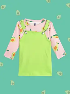 YK Green & Pink Pure Cotton Pinafore Dress with T-shirt
