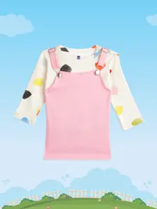 YK Pink & Cream-Coloured Pure Cotton Solid Pinafore Dress with T-shirt