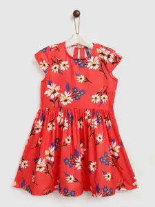 YK Girls Red & White Floral Print Fit & Flare Dress