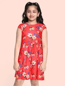 YK Girls Red & White Floral Print Fit & Flare Dress