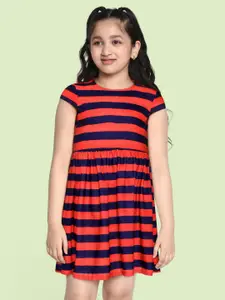 YK Girls Red & Navy Blue Striped Fit & Flare Dress