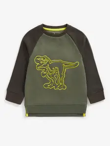 mothercare Boys Olive Green & Black Dinosaur Embossed Pure Cotton Colourblocked Sweatshirt