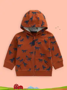 mothercare Boys Rust Brown Printed Pure Cotton Hooded Sweatshirt