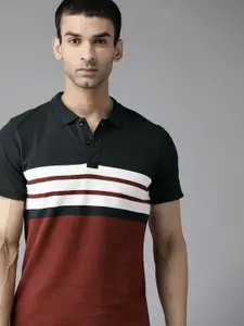 Roadster Men Maroon & Black Pure Cotton Striped Polo Collar T-shirt
