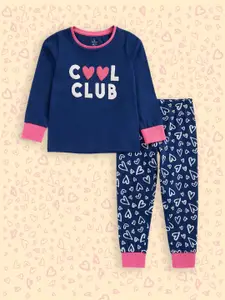 mothercare Infant Girls Navy Blue & Pink Printed Pure Cotton Night suit