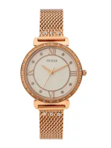 GUESS Women Rose Gold Plated Embellished Dial & Stainless Steel Watch W1289L3