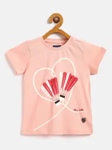 Allen Solly Junior Girls Peach-Coloured  Red Pure Cotton Shuttlecock Print Pure Cotton T-shirt