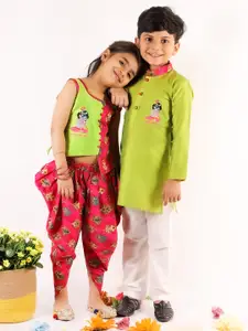 KID1 Girls Green Floral Embroidered Empire Pure Cotton Top with Dhoti Pants