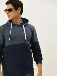 Campus Sutra Men Blue Colourblocked Pure Cotton Hooded Sweatshirt