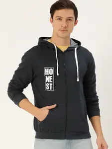 Campus Sutra Men Navy Blue Printed Hooded Sweatshirt