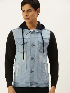 Campus Sutra Men Blue & Black Washed Pure Cotton Hooded Denim Jacket