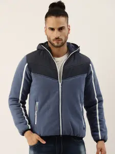 Campus Sutra Men Blue Colourblocked Windcheater Hooded Tailored Jacket