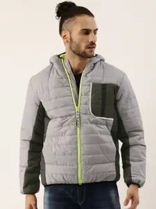 Campus Sutra Men Grey & Black Colourblocked Windcheater Hooded Padded Jacket