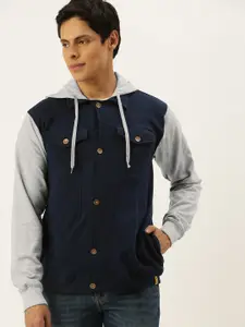 Campus Sutra Men Navy Blue & Grey Colourblocked Windcheater Biker Jacket