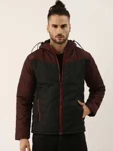 Campus Sutra Men Black & Maroon Micro Checked Hooded Windcheater Padded Jacket