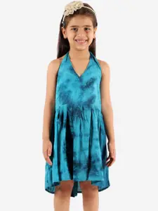 YK Girls Blue Tie and Dye Dyed Halter Neck A-Line Dress