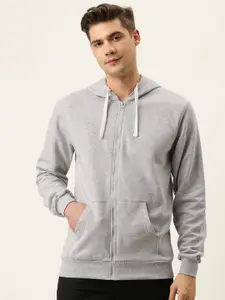 Campus Sutra Men Grey Solid Hooded Sweatshirt