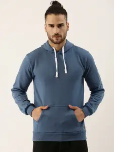 Campus Sutra Men Teal Blue Solid Pure Cotton Hooded Sweatshirt