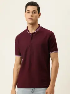 Campus Sutra Men Maroon Self Design Polo Collar T-shirt