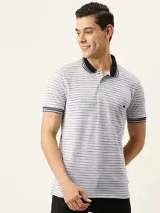 Campus Sutra Men Grey & Blue Striped Polo Collar T-shirt