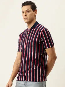 Campus Sutra Men Navy Blue & Red Striped Mandarin Collar T-shirt