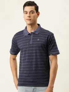 Campus Sutra Men Navy Blue & Blue Striped Polo Collar T-shirt