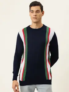 Campus Sutra Men Navy Blue & Green Striped Pullover Sweater