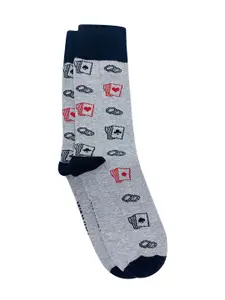 Mint & Oak Men Grey Melange & Red Poker Patterned Anti-Microbial Calf-Length Socks