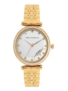 French Connection Women Gold-Toned Embellished Dial & Silver Toned Stainless Steel Bracelet Style Straps Watch