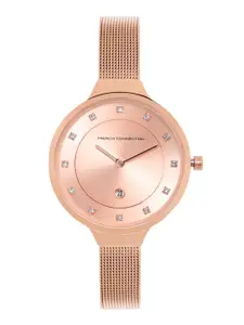 French Connection Women Rose Gold-Toned Embellished Dial & Rose Gold Toned Stainless Steel Bracelet Style Watch