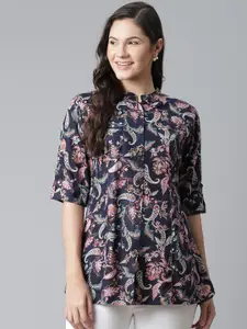 Divena Navy Blue & Beige Ethnic Motifs Print Mandarin Collar Shirt Style Top