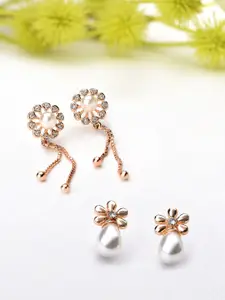 Zaveri Pearls Rose Gold Plated Set of 2 Contemporary Drop Earrings
