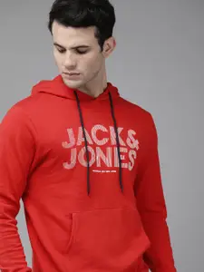 Jack & Jones Men Red Printed Hooded Sweatshirt