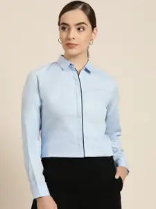 Hancock Women Blue Cotton Solid Slim Fit Formal Shirt