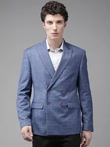Park Avenue Men Blue Checkered Slim-Fit Double-Breasted Formal Blazer