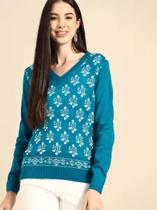 Anouk Women Turquoise Blue & White Self Design Pullover