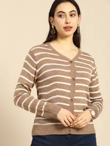 Anouk Women Beige & Off White Striped V Necked Sweater Vest