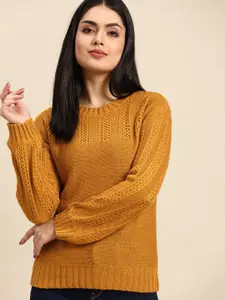 Anouk Women Mustard Yellow Cable Knit Acrylic Winter Pullover