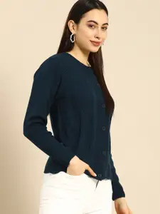 Anouk Women Teal Self Designed Round Neck Sweater Vest