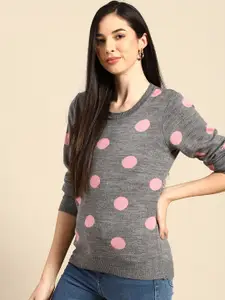 Anouk Women Grey Melange & Pink Self-Design Pullover