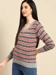 Anouk Women Grey Melange & Red Self-Design Pullover