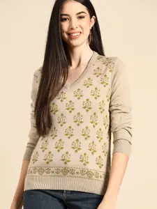 Anouk Women Beige & Khaki Self Design Pullover