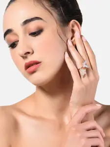 AMI Women Rose Gold-Plated White CZ-Studded Adjustable Finger Ring