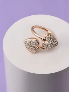 AMI Women Rose Gold-Plated White CZ-Studded Heart Contemporary Adjustable Finger Ring